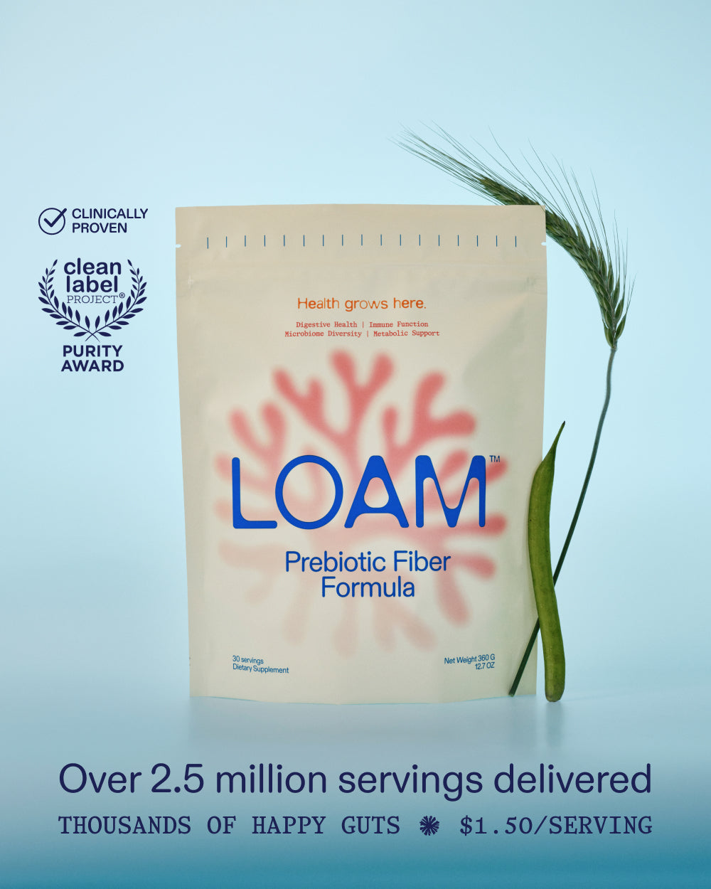 A stand-up pouch of LOAM Prebiotic Fiber Formula centered on a light blue gradient background, with a wheat stalk placed to the right and award badges on the left. Text at the bottom reads 'Over 2.5 million servings delivered' and 'THOUSANDS OF HAPPY GUTS'